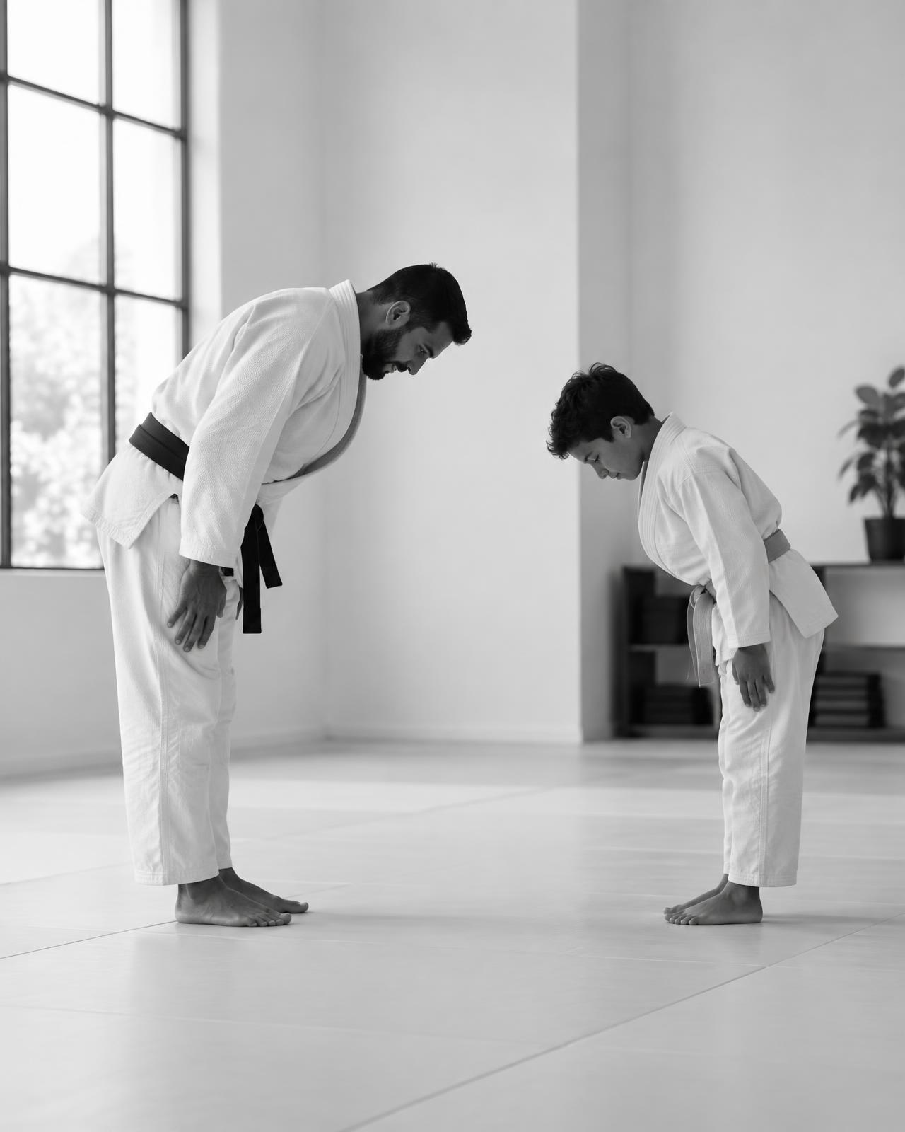 Instrutor e jovem aluno cumprimentam-se